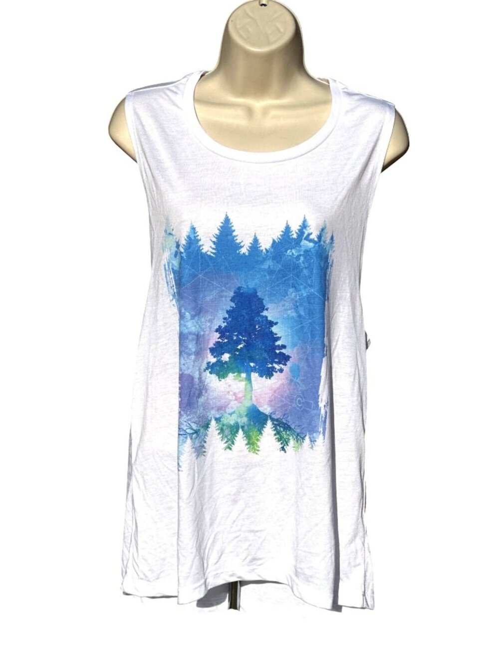 Bella Size XL Blue Pine Tree Forest Graphic Sleeveless Tank Top Nature Outdoors